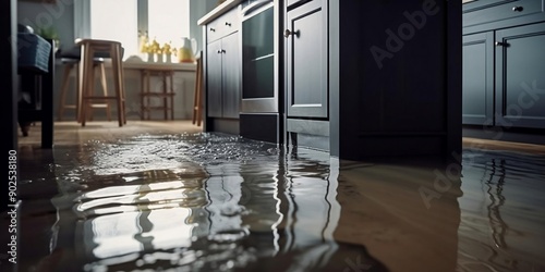 Flooded floor in kitchen from water leak. Damage , Property insurance concept. AI generative