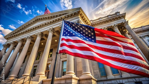 Majestic American flag with vibrant stars and stripes waving proudly in front of a historic government building with neoclassical architecture and towering columns.