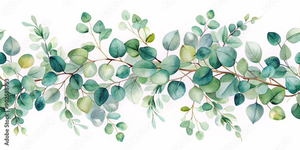 Obraz premium Delicate watercolor banner featuring lush green eucalyptus leaves and twirling branches on transparent background, perfect for spring or summer wedding invitations and greeting cards.