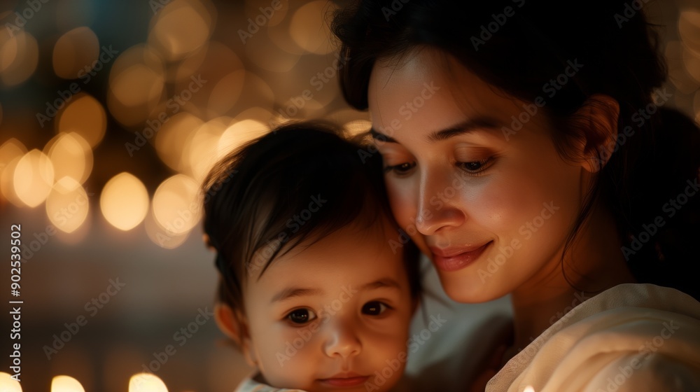 A woman holds her child close, both illuminated by the warm glow of evening lights A woman holds her child close, both illuminated by the warm glow of evening lights