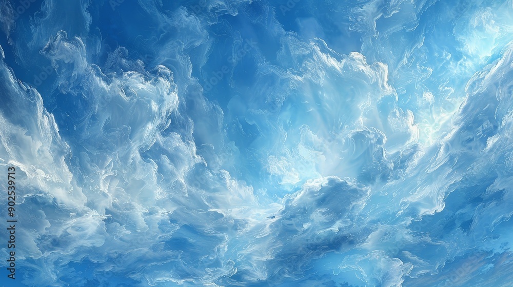 Soft, cloud-like texture with fluffy, white patterns on a blue Soft, cloud-like texture with fluffy, white patterns on a blue