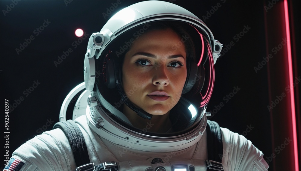 Neon glowing female retro Astronaut, portrait Neon glowing female retro Astronaut, portrait