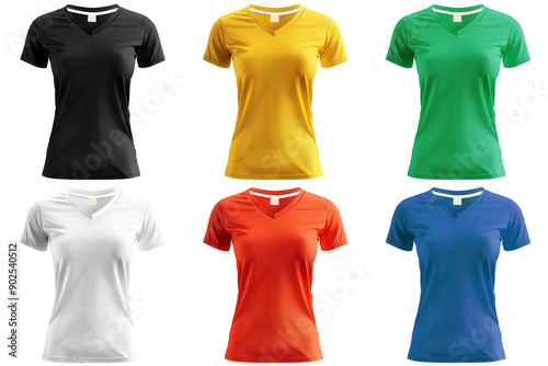 Set of colorful women's t-shirts isolated on transparent background. Generative AI