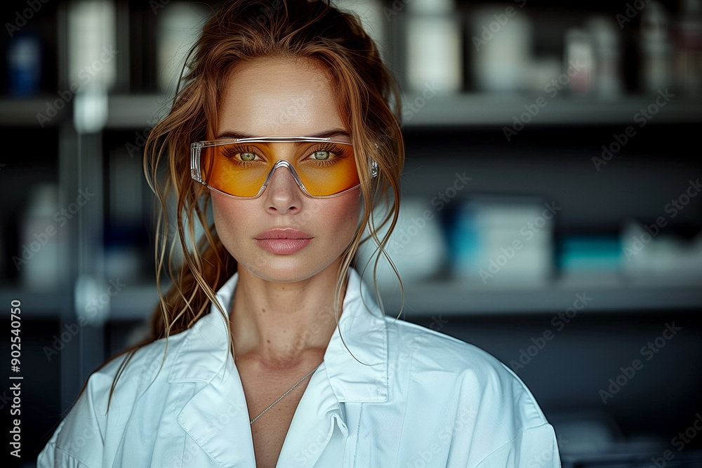 A woman wearing a white lab coat and yellow sunglasses. She is looking directly at the camera. Concept of professionalism and confidence A woman wearing a white lab coat and yellow sunglasses. She is looking directly at the camera. Concept of professionalism and confidence