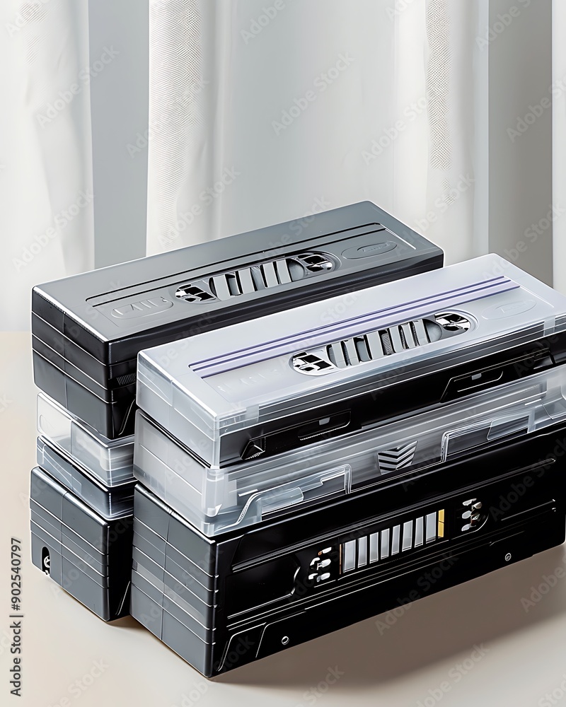 Fototapeta premium Semi close-up of a stack of classic VHS tapes, celebrating world audiovisual heritage day, more clarity with clear light and sharp focus, high detailed