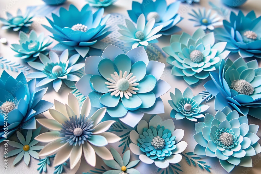 Delicate blue paper flowers bloom against a soft white background, providing a beautiful and airy space for text or design, perfect for celebratory cards.