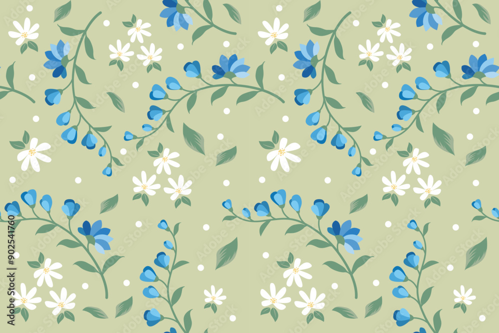 seamless floral blue vector flowers with green leaves pattern on green background seamless floral blue vector flowers with green leaves pattern on green background