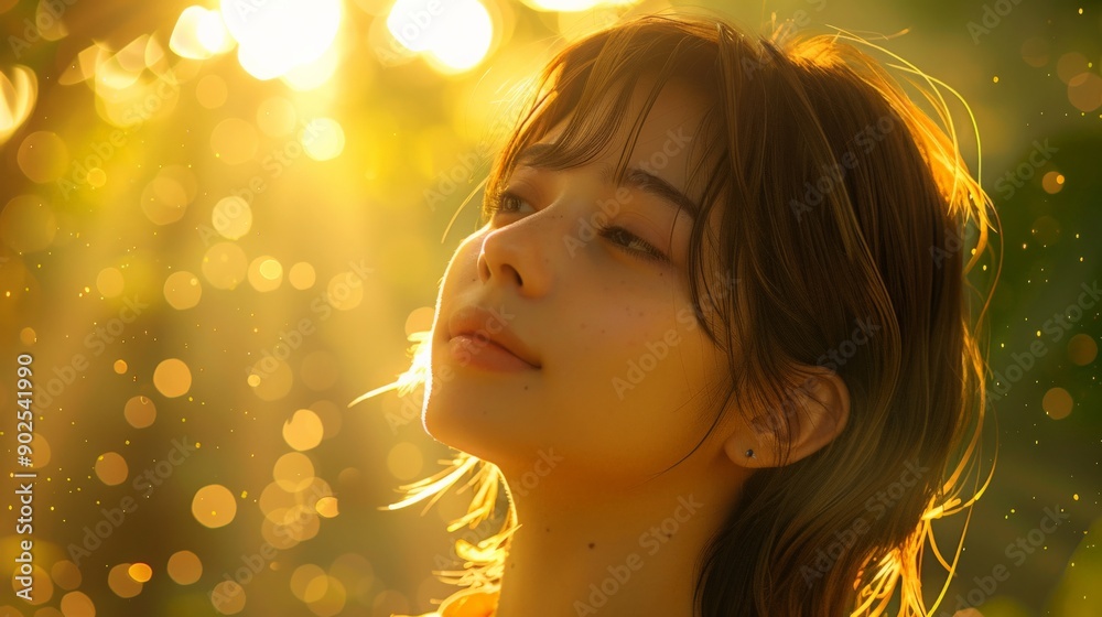 Fototapeta premium A stunning woman basks in warm sunlight amidst golden sparkles and greenery