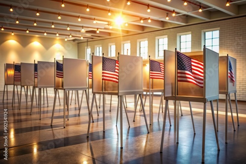Serene polling station atmosphere with private voting booths lined up, American flags waving proudly behind, illuminated by soft, neutral lighting on election day morning.