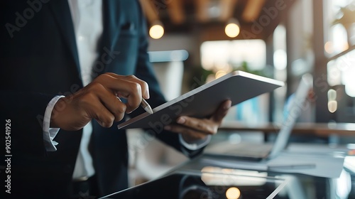 Close-up of a Man Using a Tablet in an Office Setting