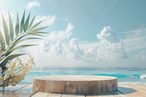 Fototapeta Naklejka Na Ścianę i Meble -  Summer product display on wooden podium at sea tropical beach with generative ai