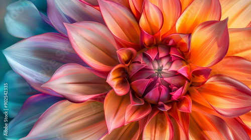 Close-up of a dahlia with abstract, geometric patterns and striking colors