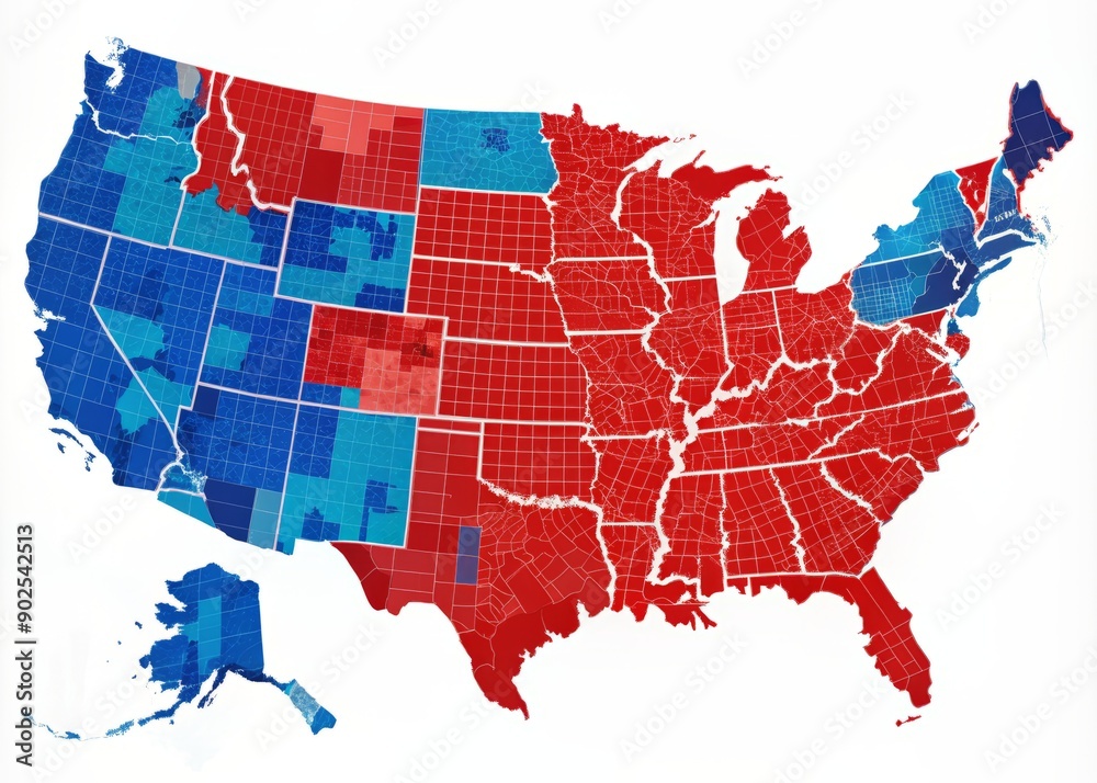 Colorful electoral map of the United States displays election results with red and blue states