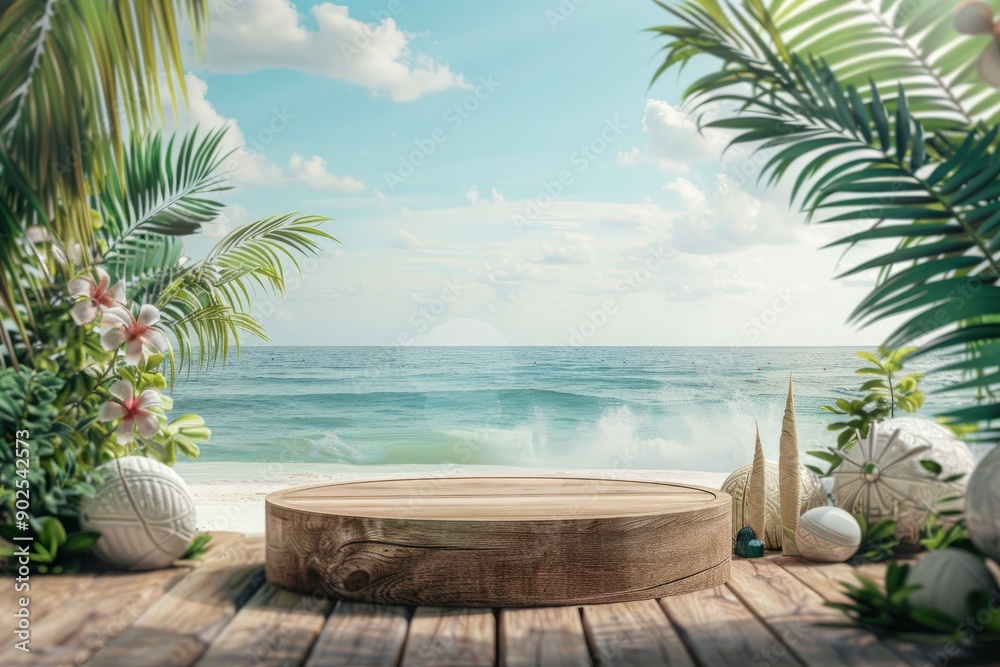 Fototapeta premium Summer product display on wooden podium at sea tropical beach with generative ai
