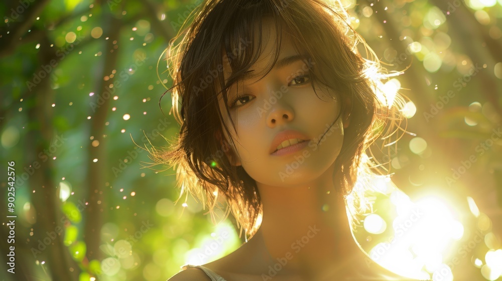Captivating beauty illuminated by sunlight in a serene, natural setting Captivating beauty illuminated by sunlight in a serene, natural setting