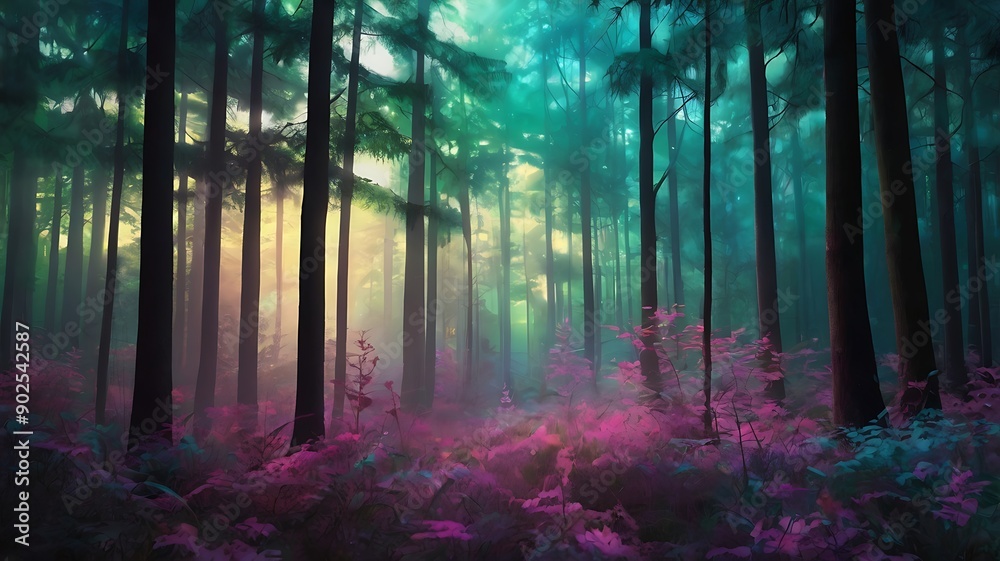 Obraz premium Mystical forest illustration with long trees and colorful theme, beautiful jungle landscape