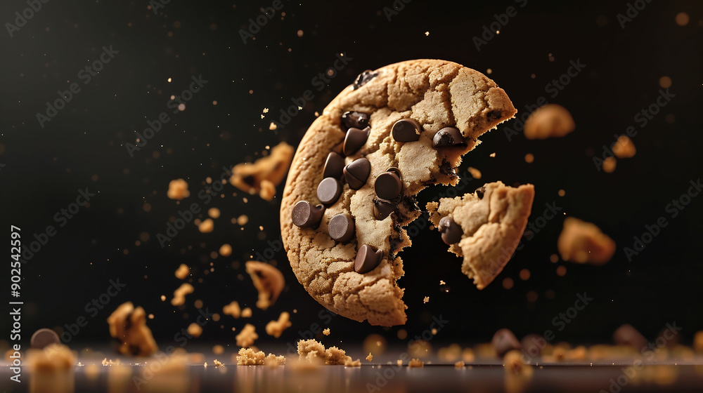 Chocolate chip cookie with crumbs floating in mid-air Chocolate chip cookie with crumbs floating in mid-air