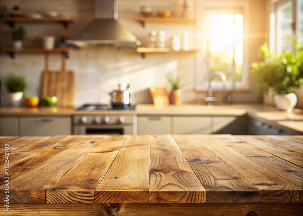 Fototapeta premium Rustic Wooden Kitchen Table in Modern Kitchen