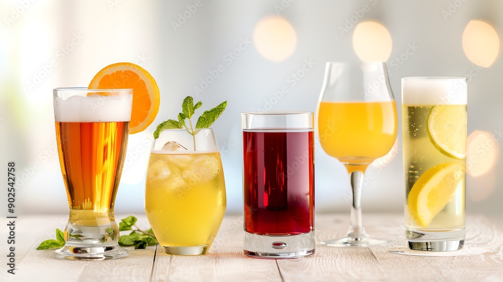 A vibrant display of refreshing beverages, showcasing various colors and garnishes for a delightful summer vibe. A vibrant display of refreshing beverages, showcasing various colors and garnishes for a delightful summer vibe.