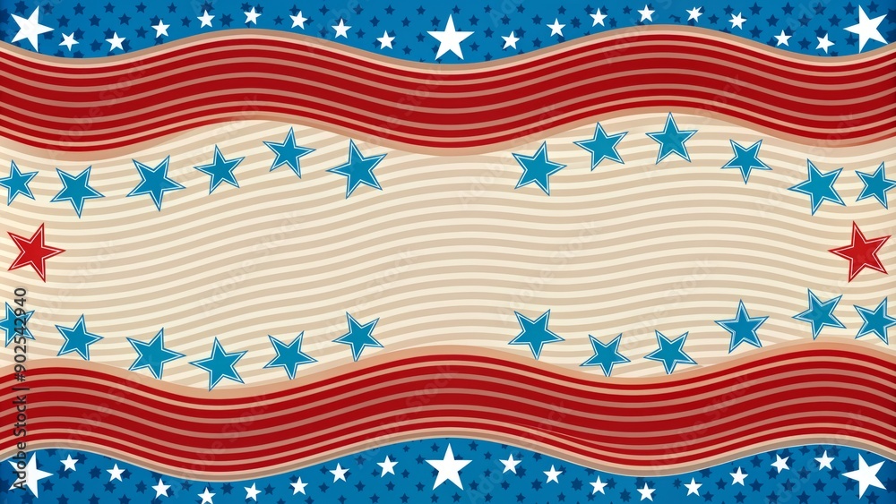 Fototapeta premium Vibrant star-spangled border design features wavy strips of red and white, blue field with white stars, and a blank space for custom text overlays.