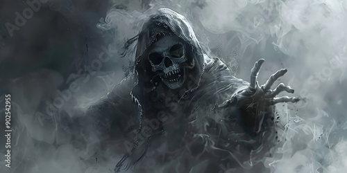 Wallpaper Mural Misty Hooded Skeleton Reaper Eerie Halloween Night and Ghostly Presence
 Torontodigital.ca