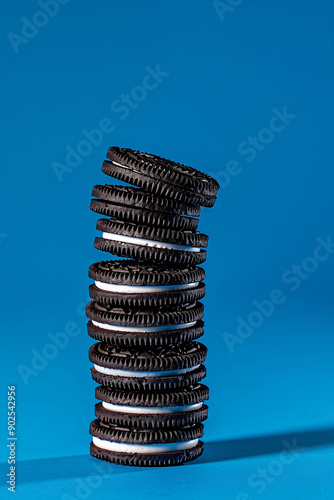 Tower of Oreo cookies stacked against blue background