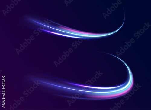 Neon glowing lines, spiral effect, fast car speed. Speed light streaks vector background with blurred fast moving light effect, blue purple colors on black.