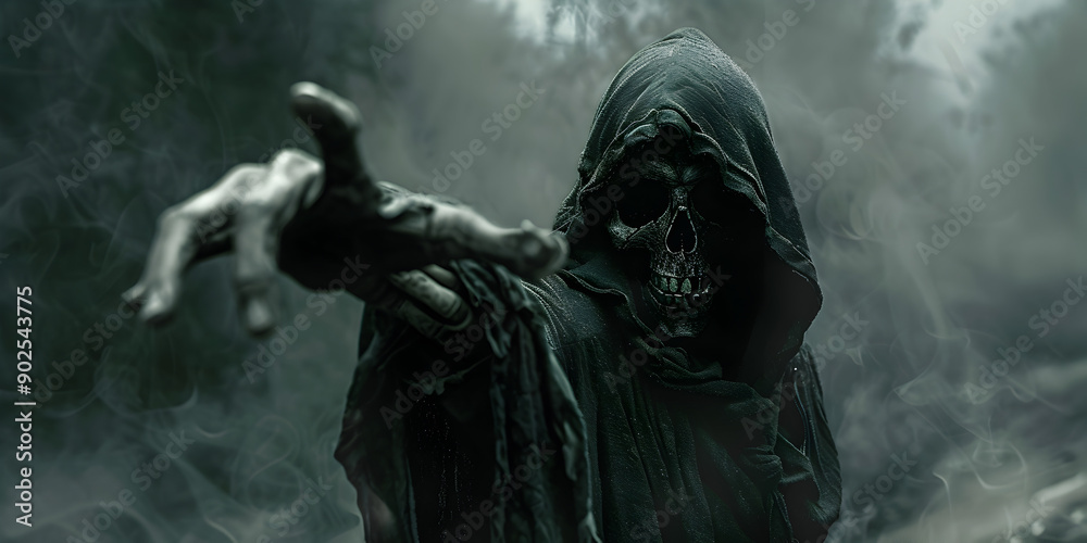 Haunting Hooded Skeleton Pointing in Mist Spooky Reaper and Halloween Terror
Haunting Hooded Skeleton Pointing in Mist Spooky Reaper and Halloween Terror