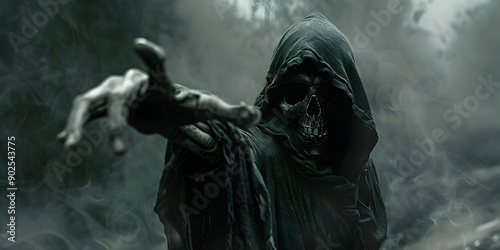 Wallpaper Mural  Haunting Hooded Skeleton Pointing in Mist Spooky Reaper and Halloween Terror 
 Torontodigital.ca