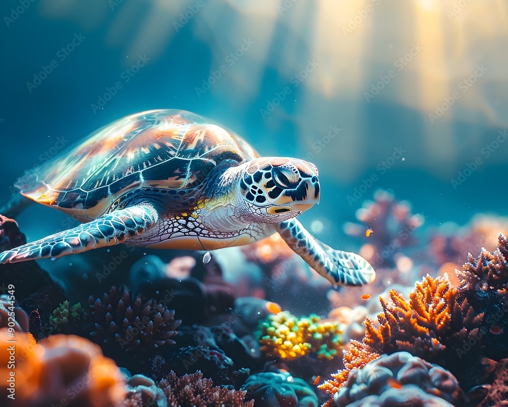 Fototapeta premium Graceful Sea Turtle Swimming Through Vibrant Coral Reef with Filtered Sunlight