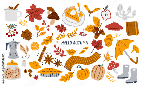 Various cute and cosy autumnal elements. Hand drawn vector illustration. All elements are isolated.