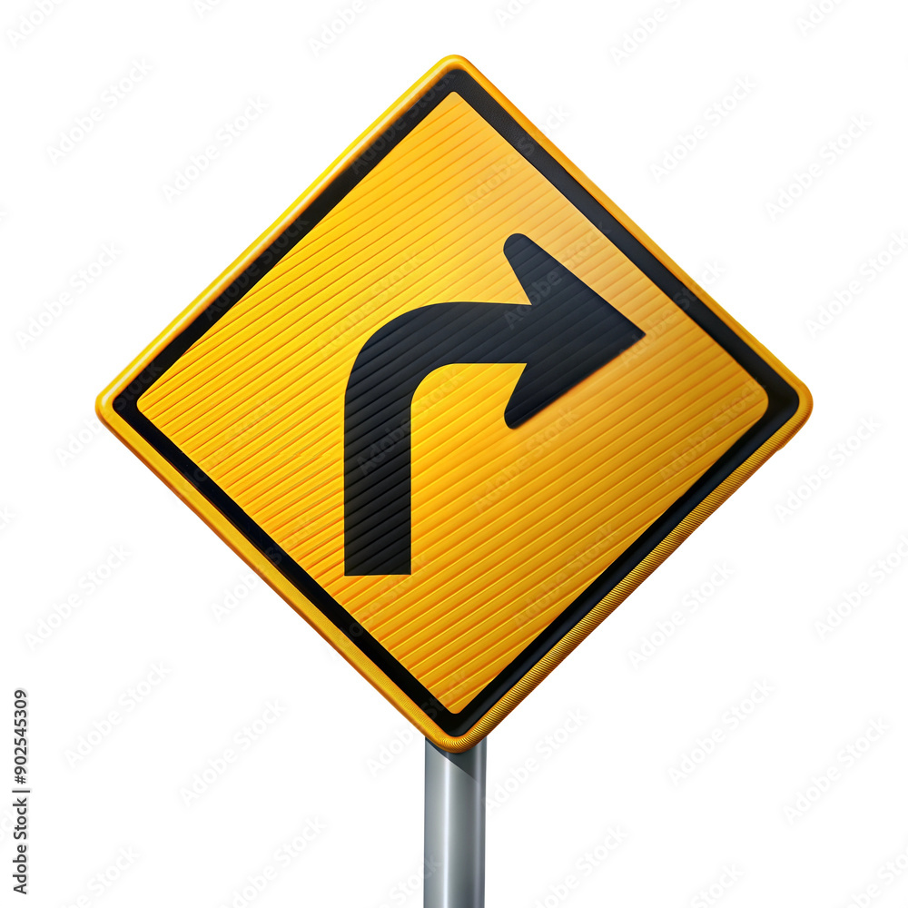 Right turn traffic sign on white background, emphasizing road direction and safety Right turn traffic sign on white background, emphasizing road direction and safety
