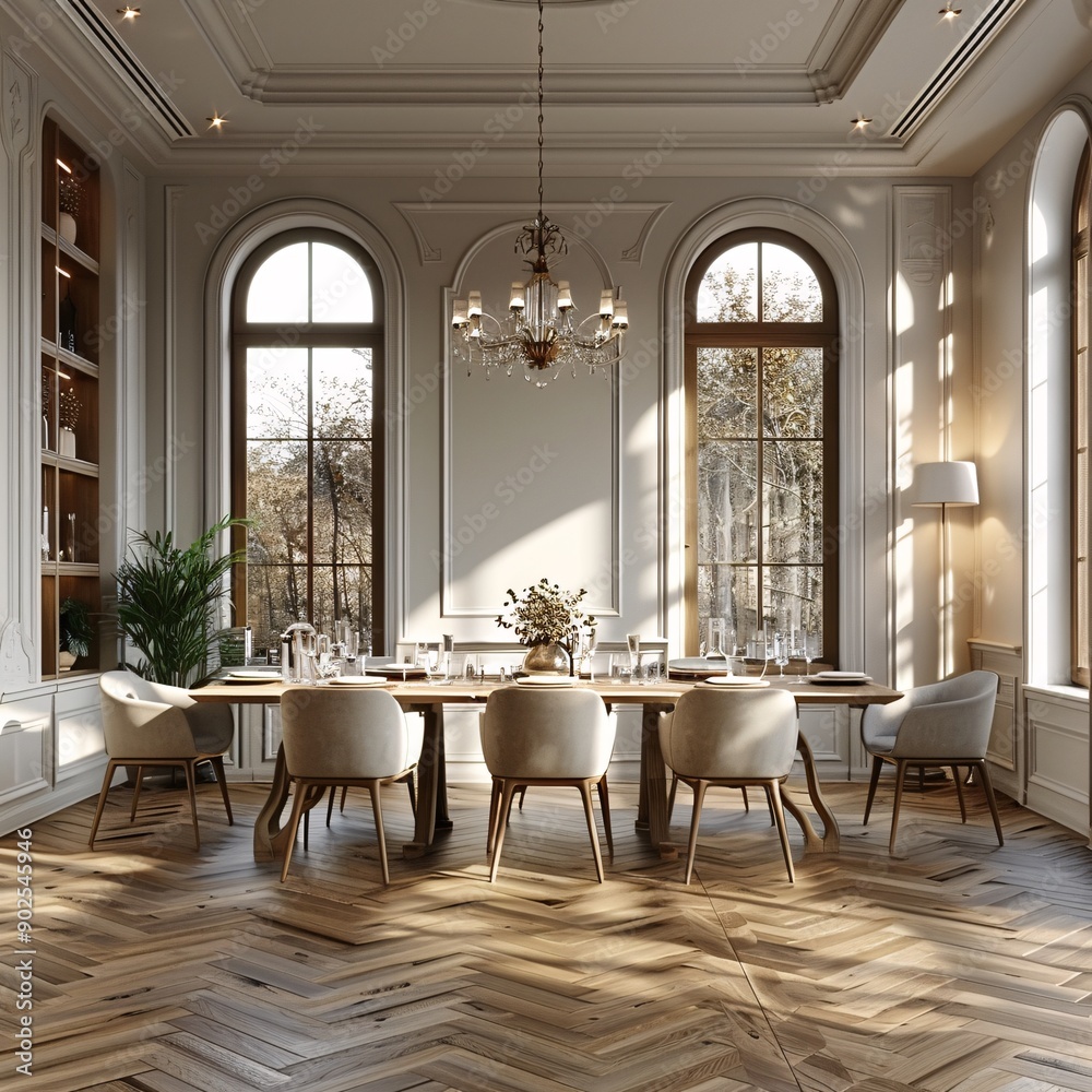 A large room with a chandelier hanging from the ceiling and a long table with many chairs. The room is well lit and has a warm, inviting atmosphere A large room with a chandelier hanging from the ceiling and a long table with many chairs. The room is well lit and has a warm, inviting atmosphere