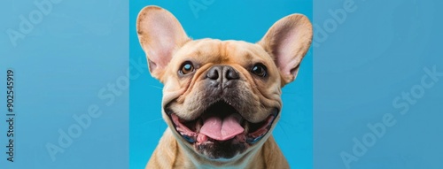Close-up portrait of a happy French Bulldog with a blue background, smiling and tongue out, adorable pet - Generative ai