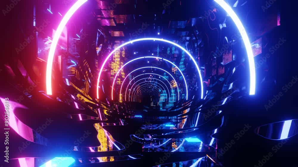 80's neon light style flight. Hi-tech neon sci-fi tunel. Trendy neon glow lines form pattern and construction in mirror tunnel. Fly through technology cyberspace. 3d looped seamless 4k bright bg.