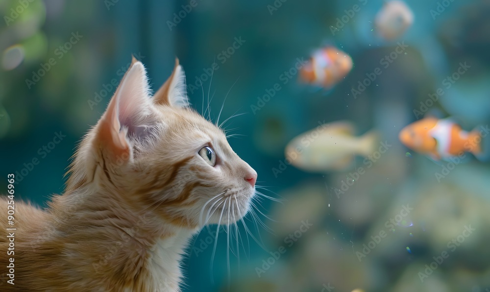 Cat Watching Fish in Aquarium , Generative AI Cat Watching Fish in Aquarium , Generative AI