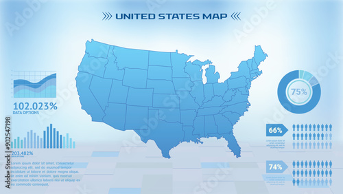 Blue United States Map with States, Political United States infographic map vector illustration photo