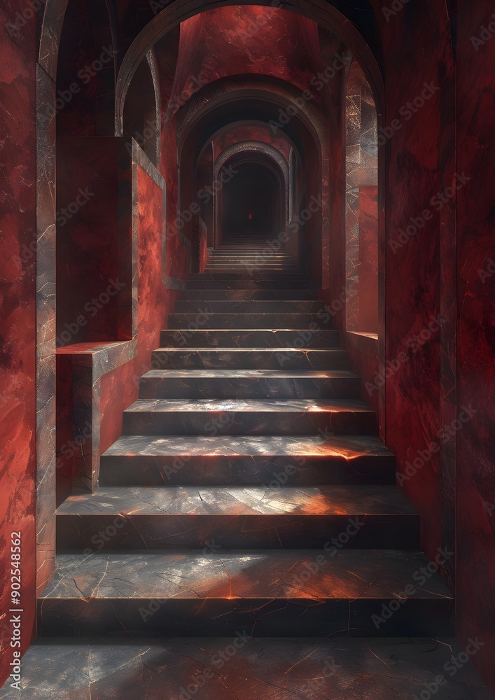 A long red staircase with a dark, ominous atmosphere. The stairs are worn and weathered, and the walls are covered in red paint. The scene is set in a dark, foreboding space