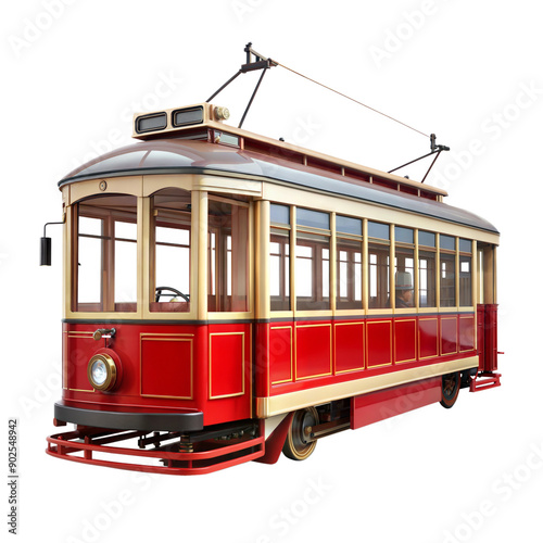 Vintage red streetcar on tracks, a nostalgic symbol of historic urban transportation photo