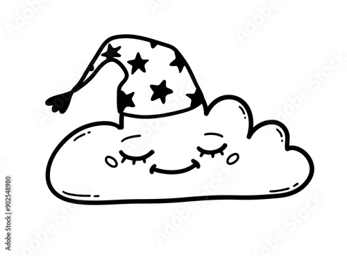 Vector line art illustration of cute night cloud wearing sleeping cap