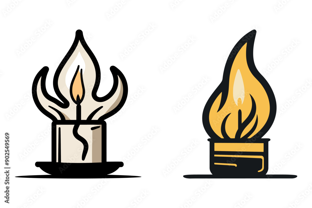 Unique illustrations of candles with stylized flames. Ideal for holiday, celebration, and relaxation themes. Vector illustration.