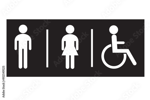 Toilets vector icon. Male, Female, Handicap toilet sign, White icons on black background