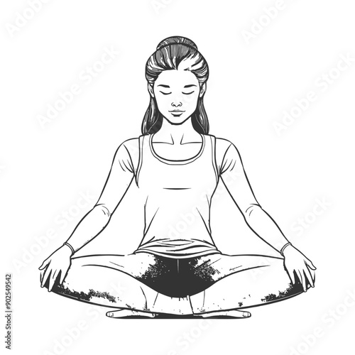 Vector Illustration of Woman Meditating in Lotus Position.