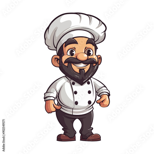 Cute cartoon illustration of a chef with a mustache and beard, wearing a classic chef's uniform. Vector illustration.