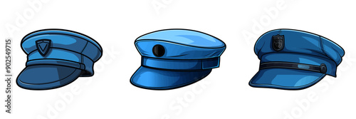 Vector illustration of three blue caps in different styles.