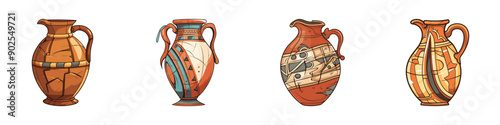 illustration of four ancient ceramic vases with intricate patterns and textures, showcasing historical and cultural art.