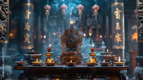 A beautiful shrine adorned with intricate carvings glows softly, illuminated by flickering candles and the fragrant smoke of incense in the twilight