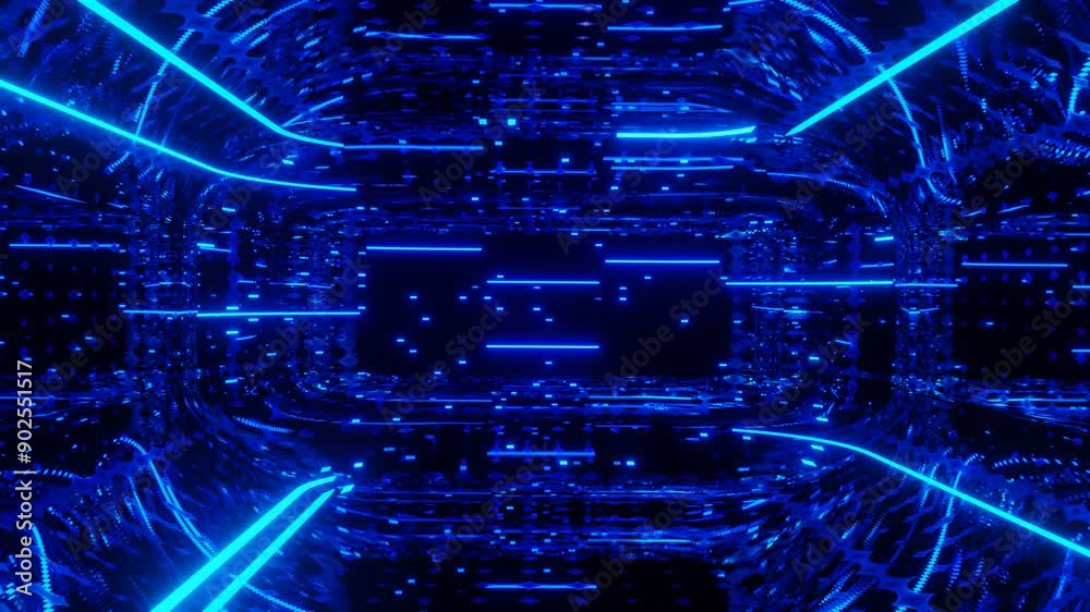 Vj loop neon room. Mirror room with neon light. Abstract festive bg with bright reflection. Dark room disco lights. Seamless looped bg with neon light. Night club bright neon style bg. Moving light