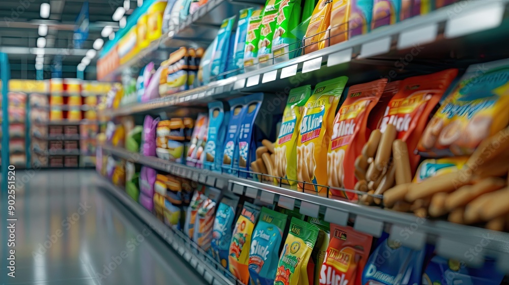 Fototapeta premium Colorful Snack Aisle Displayed in Supermarket During Busy Shopping Hours