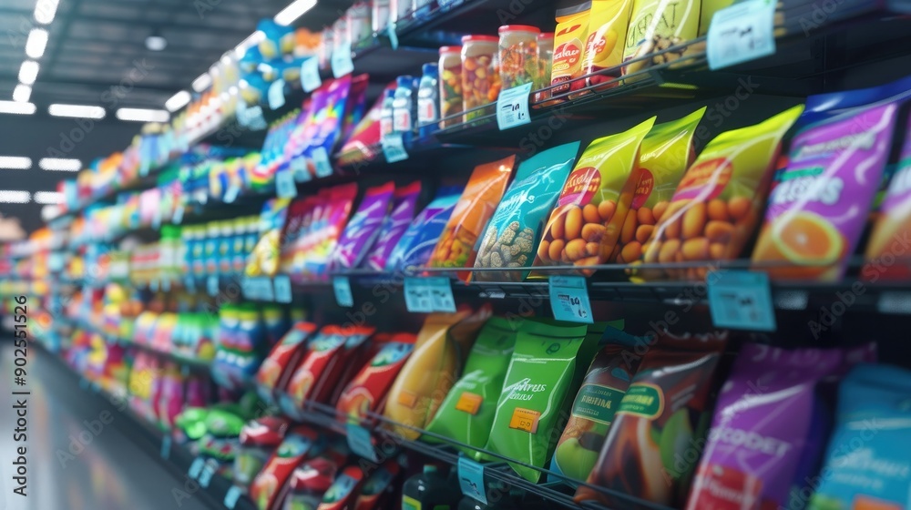 Fototapeta premium Colorful Snack Aisle Filled With Various Products in a Grocery Store